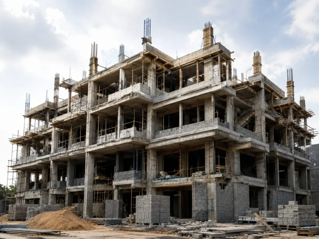 Active Rabah Builders construction site with structural work in progress