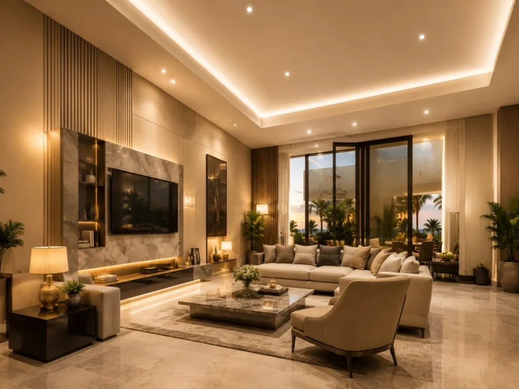Luxury living room interior designed by Rabah Builders