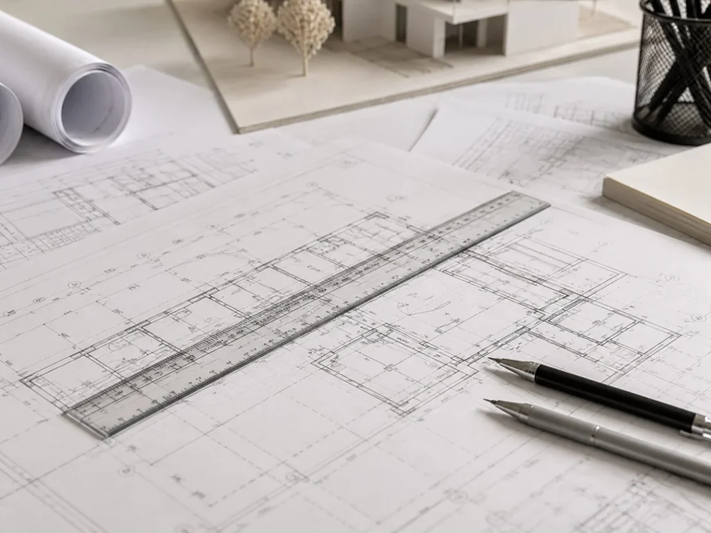 Architectural working drawings beside a scale model of a residence