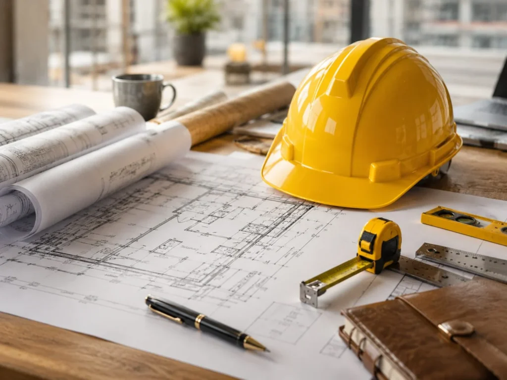 Project management drawings and tools on a Rabah Builders site desk