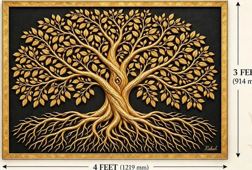 The Golden Tree gold-finished framed wall decor with detailed leaves, branching trunk and roots on a black background